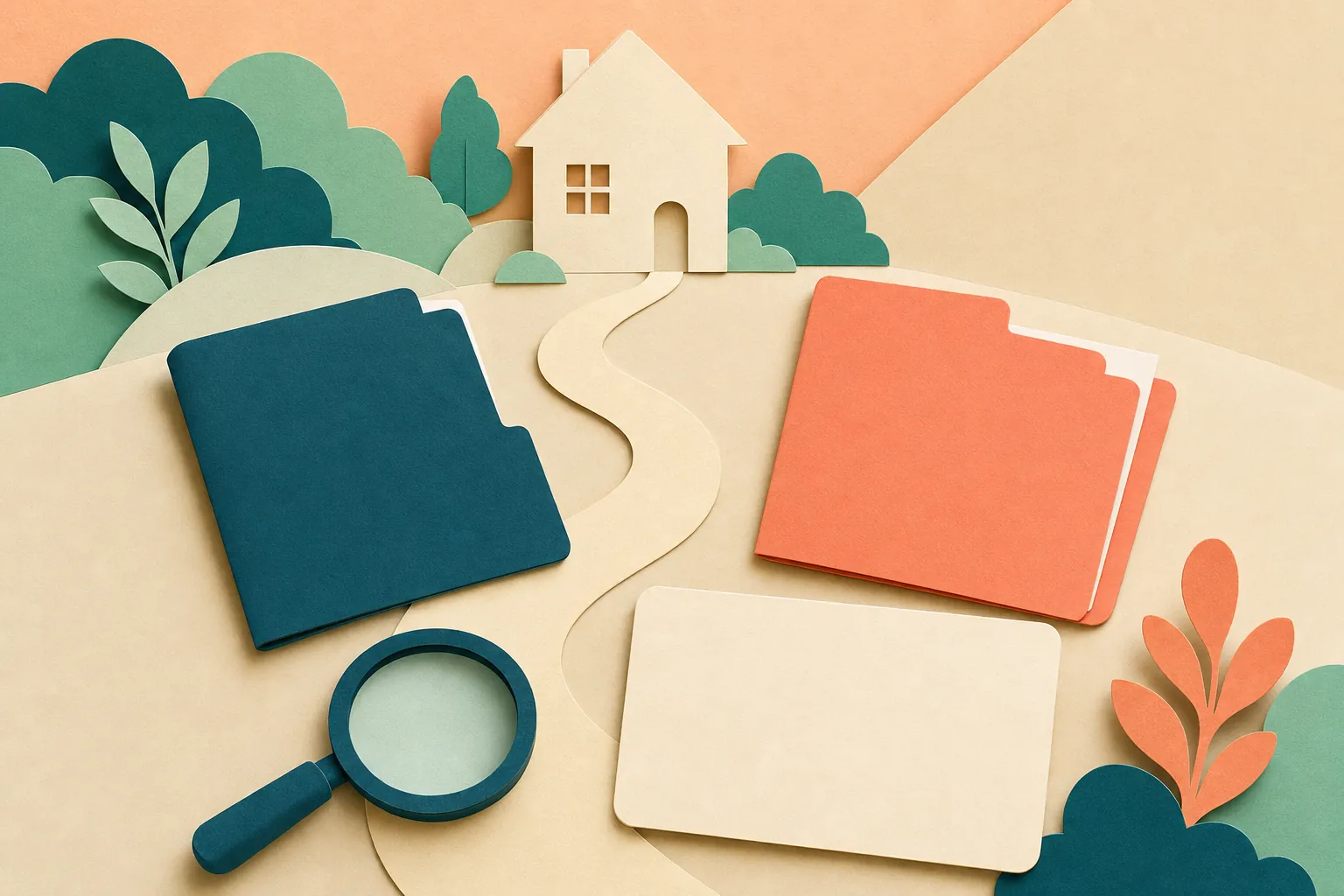 Paper-cut illustration of a home, two folders, magnifying glass, blank comparison card, and a path