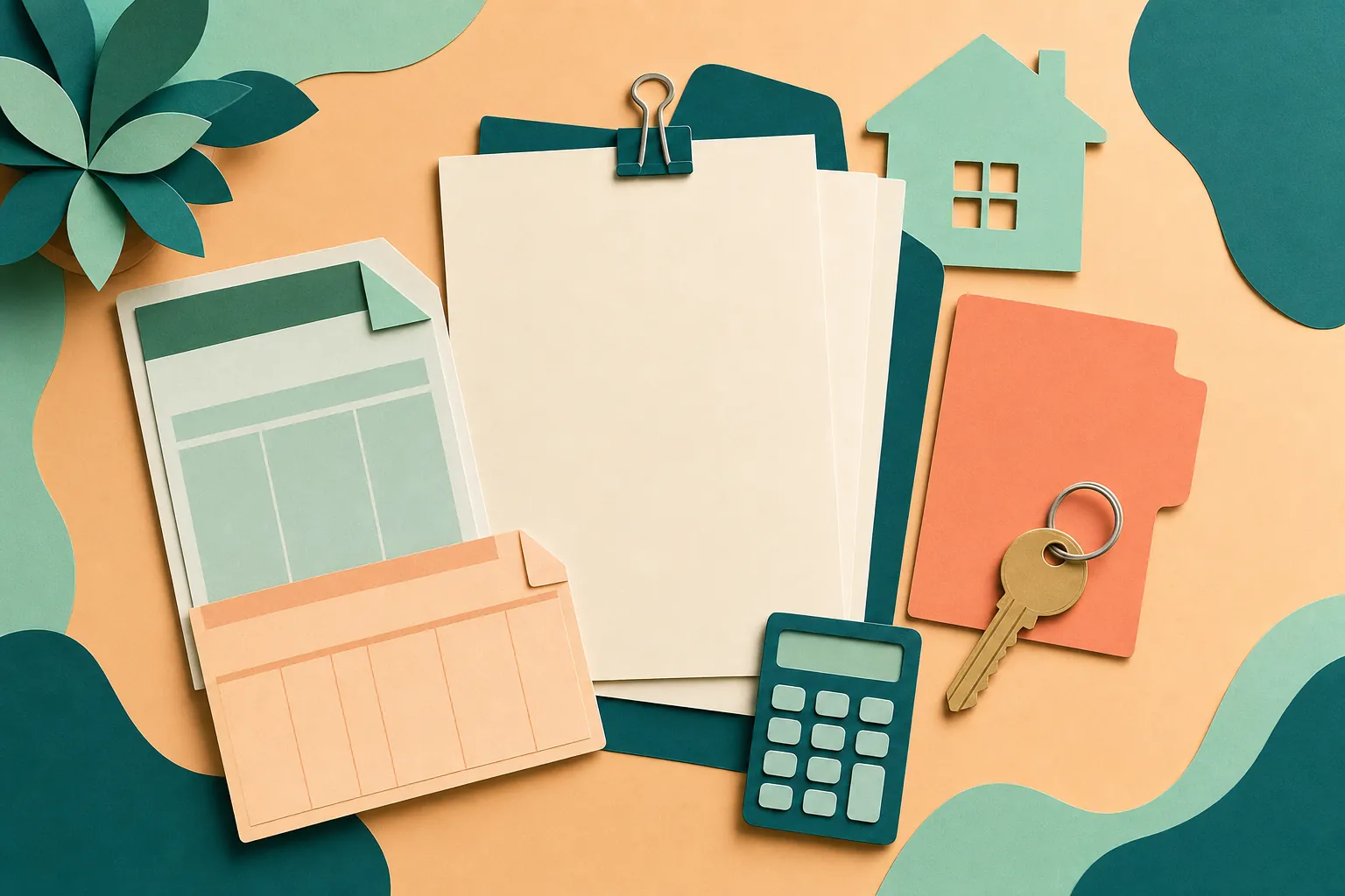 Paper-cut illustration of blank financial documents, calculator, house shape, folders, and a key