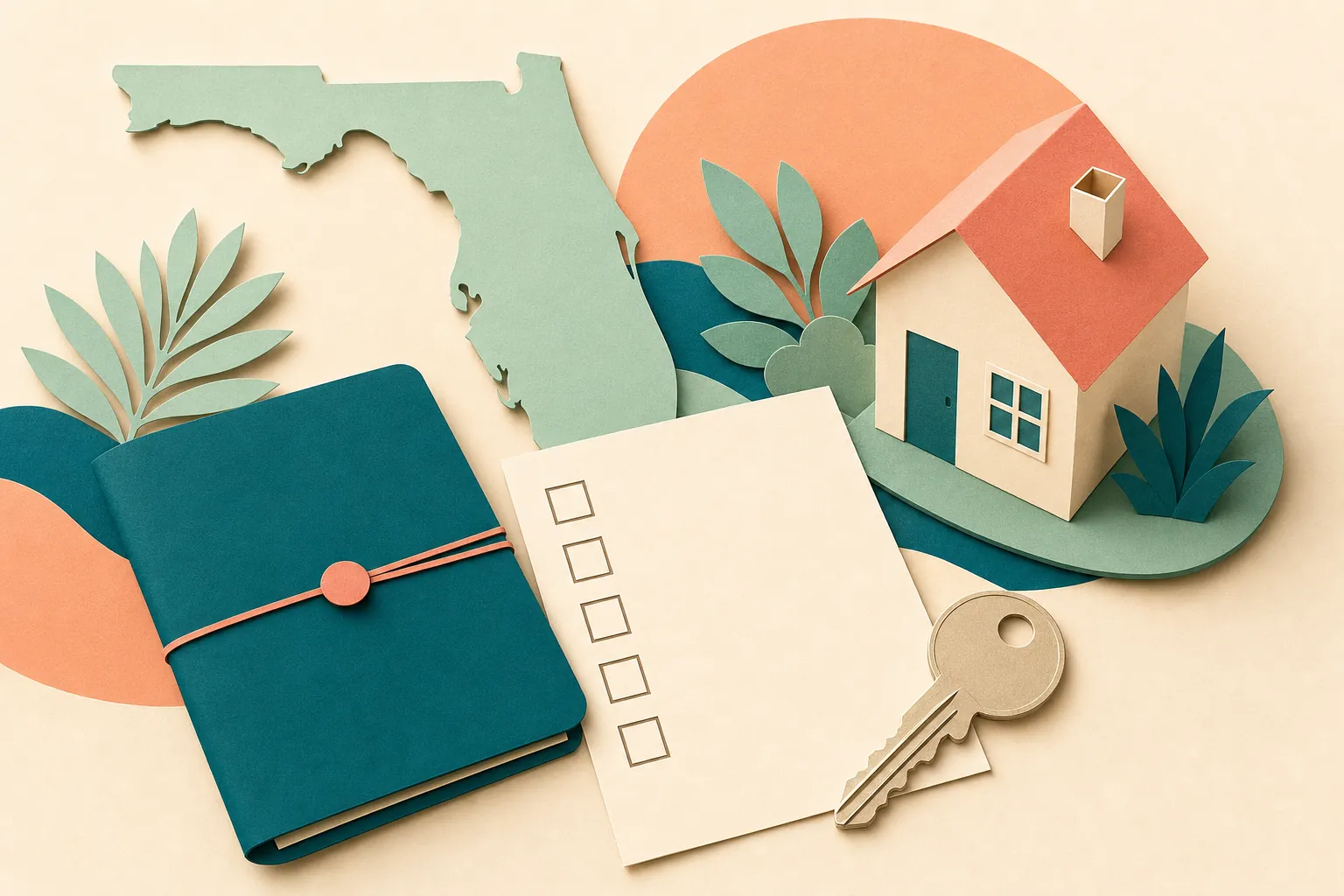 Paper-cut illustration of a Florida outline, house, mortgage folder, blank checklist, and key