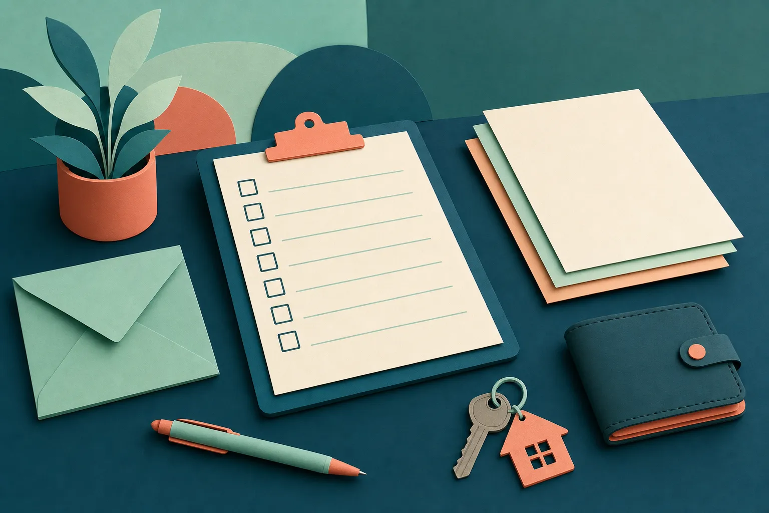 Paper-cut illustration of a homebuyer preparation checklist, blank paperwork, envelope, wallet, and house key