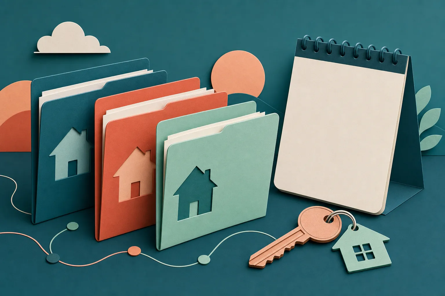 Paper-cut illustration of three mortgage folders, a blank calendar, and a house key representing organised lender comparison