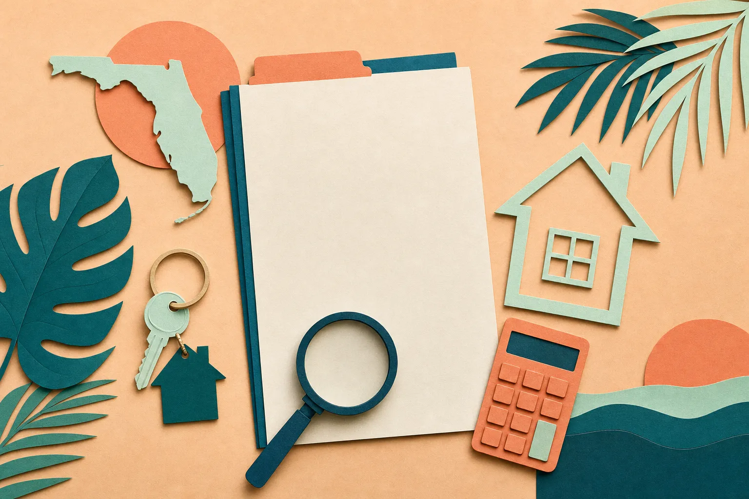 Paper-cut illustration of a blank credit report, Florida silhouette, house key, magnifying glass, calculator, and home outline