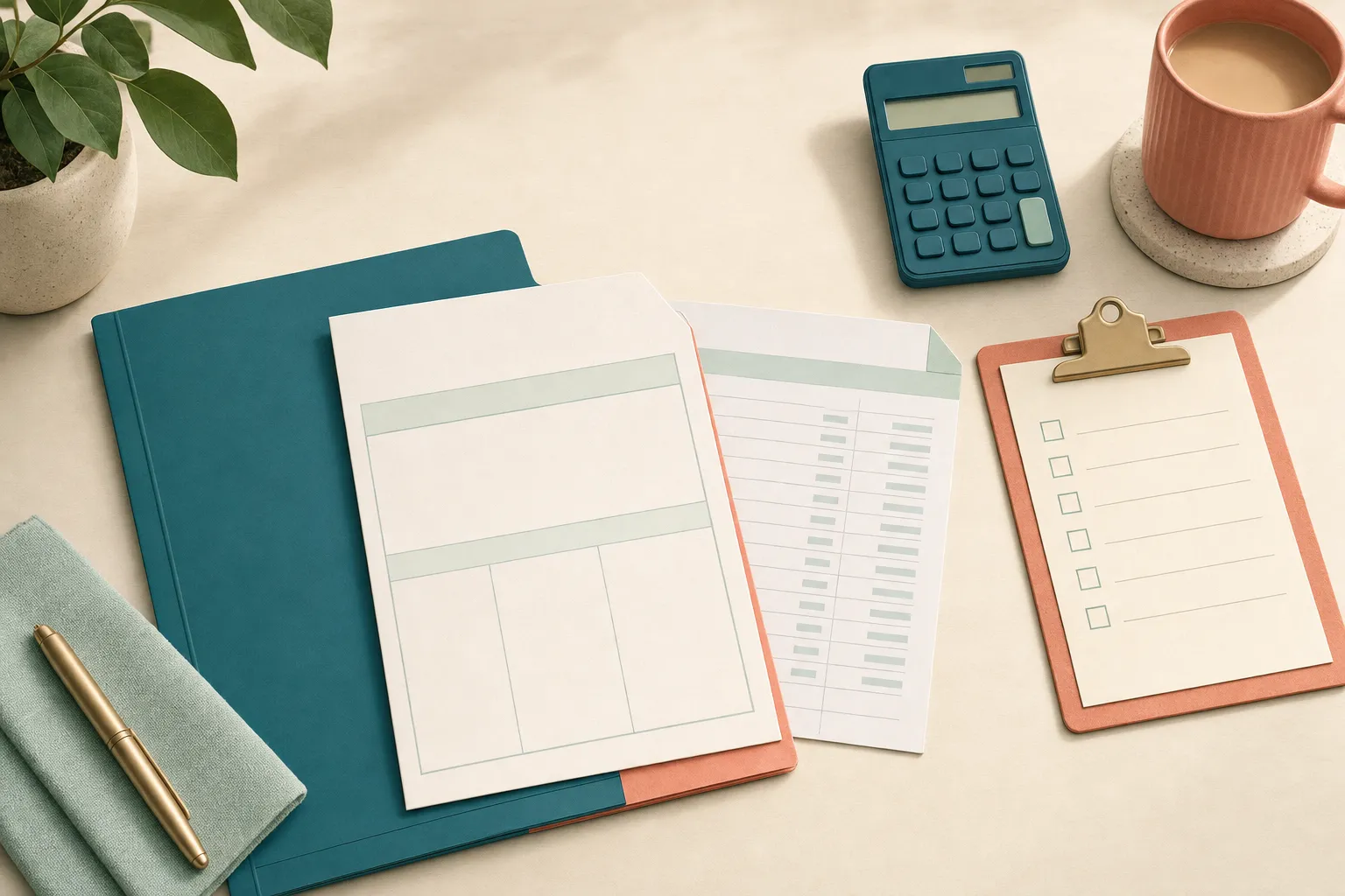 Organised blank paperwork, calculator, and checklist arranged for mortgage document preparation