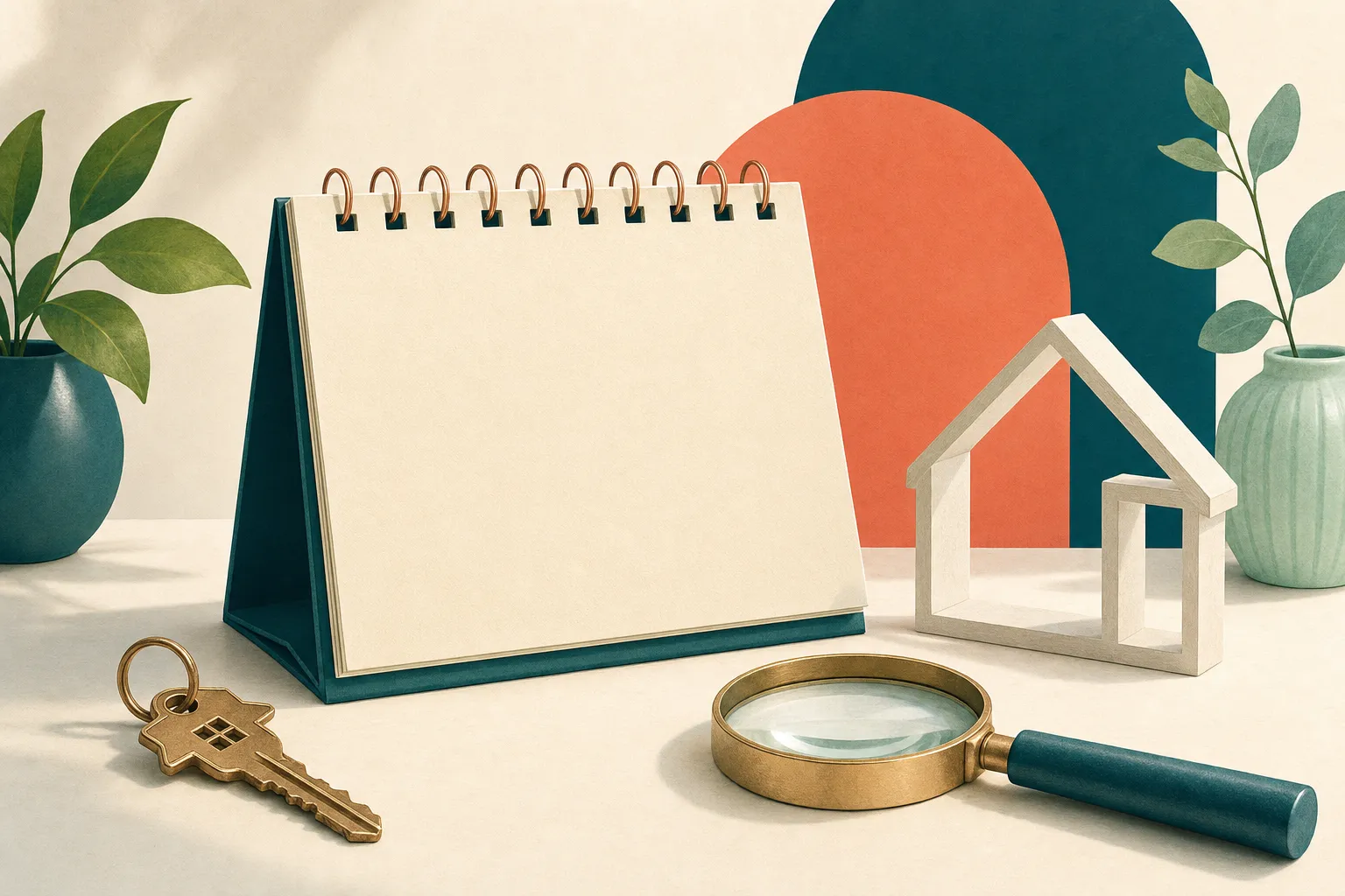 Blank calendar, house key, magnifying glass, and small home model arranged for a home search plan