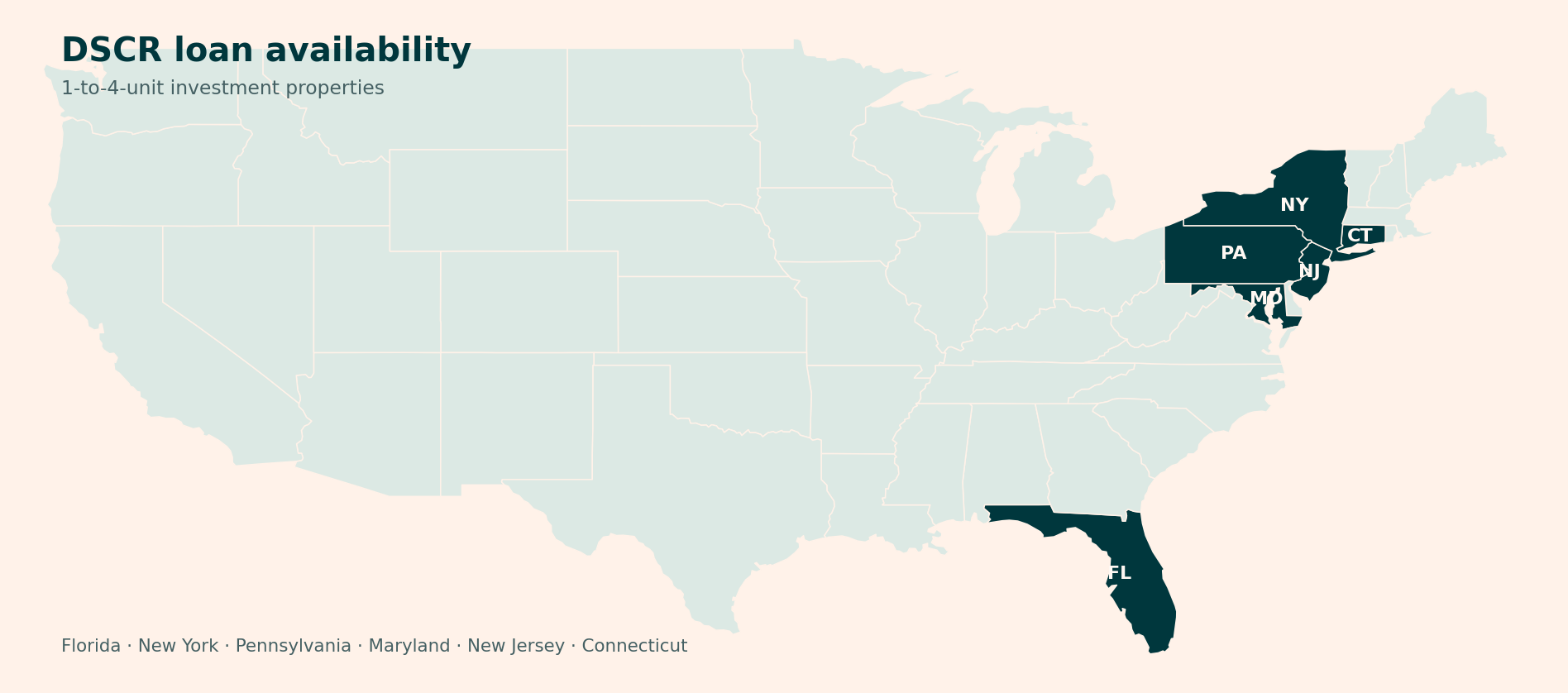 Map of the United States highlighting Florida, New York, Pennsylvania, Maryland, New Jersey, and Connecticut as DSCR loan service states