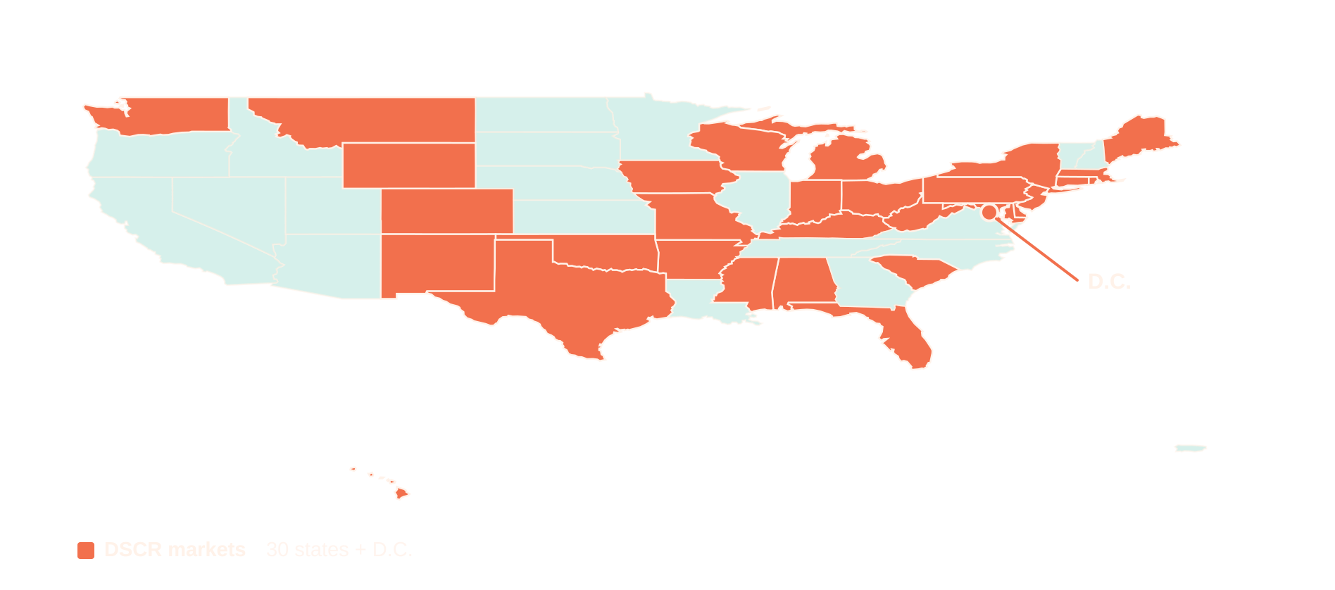Map of the United States highlighting Connecticut and other DSCR loan service areas
