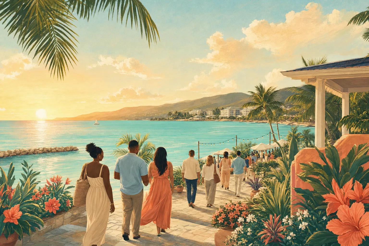 Illustration of a Montego Bay shoreline at sunset
