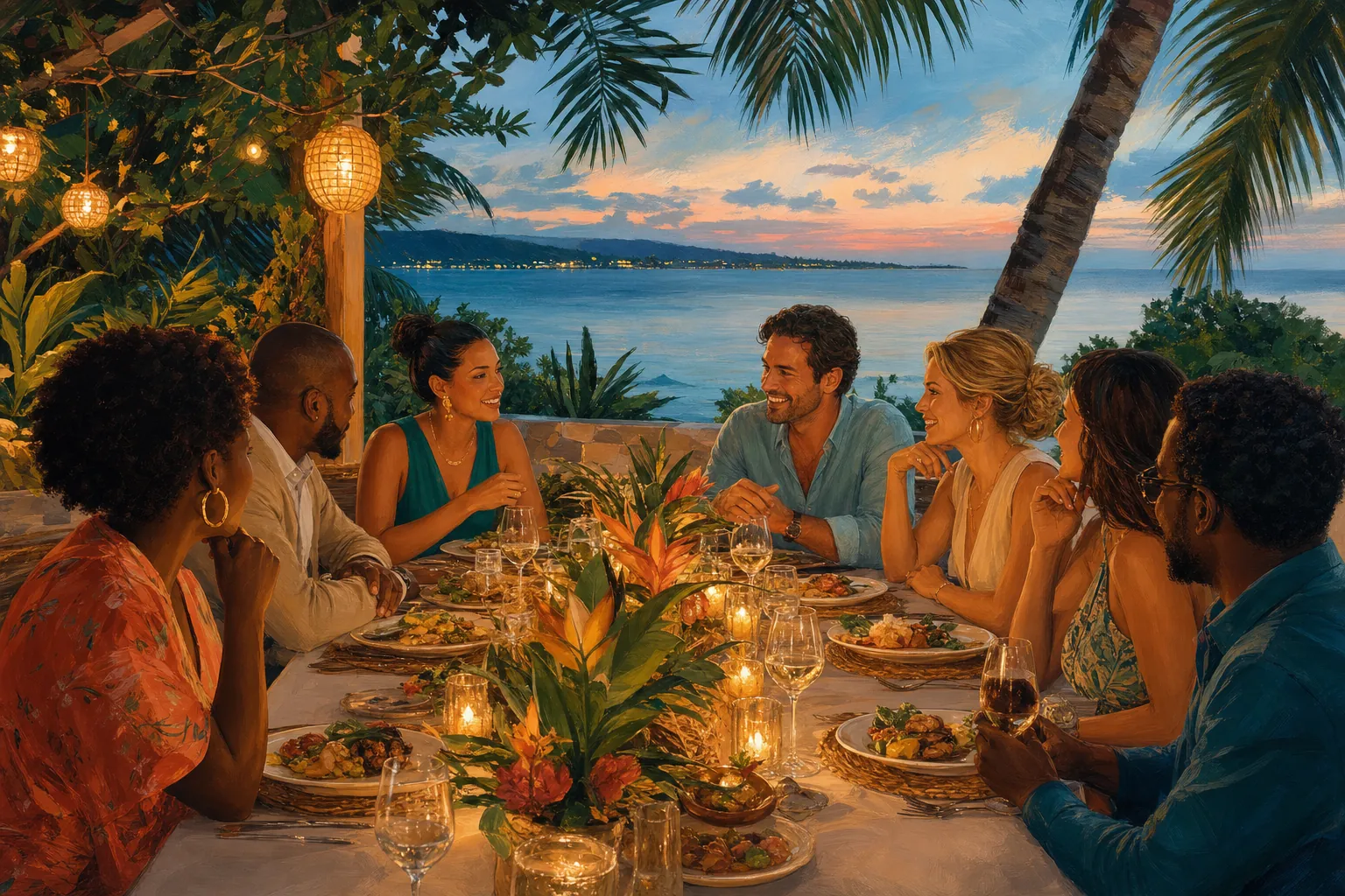 Illustration of realtors sharing an outdoor dinner overlooking the sea in Montego Bay