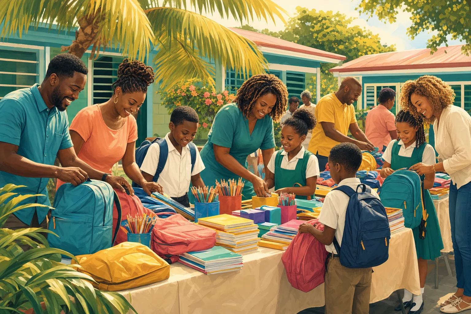 Illustration of adults and children arranging school supplies in a Jamaican school courtyard