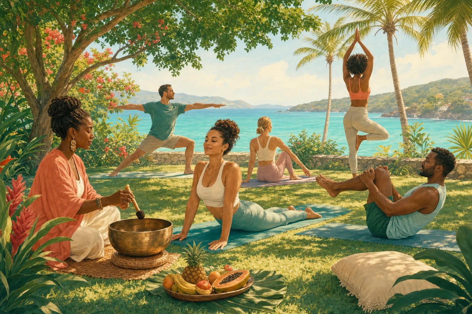 Illustration of a tropical outdoor wellness session overlooking the sea