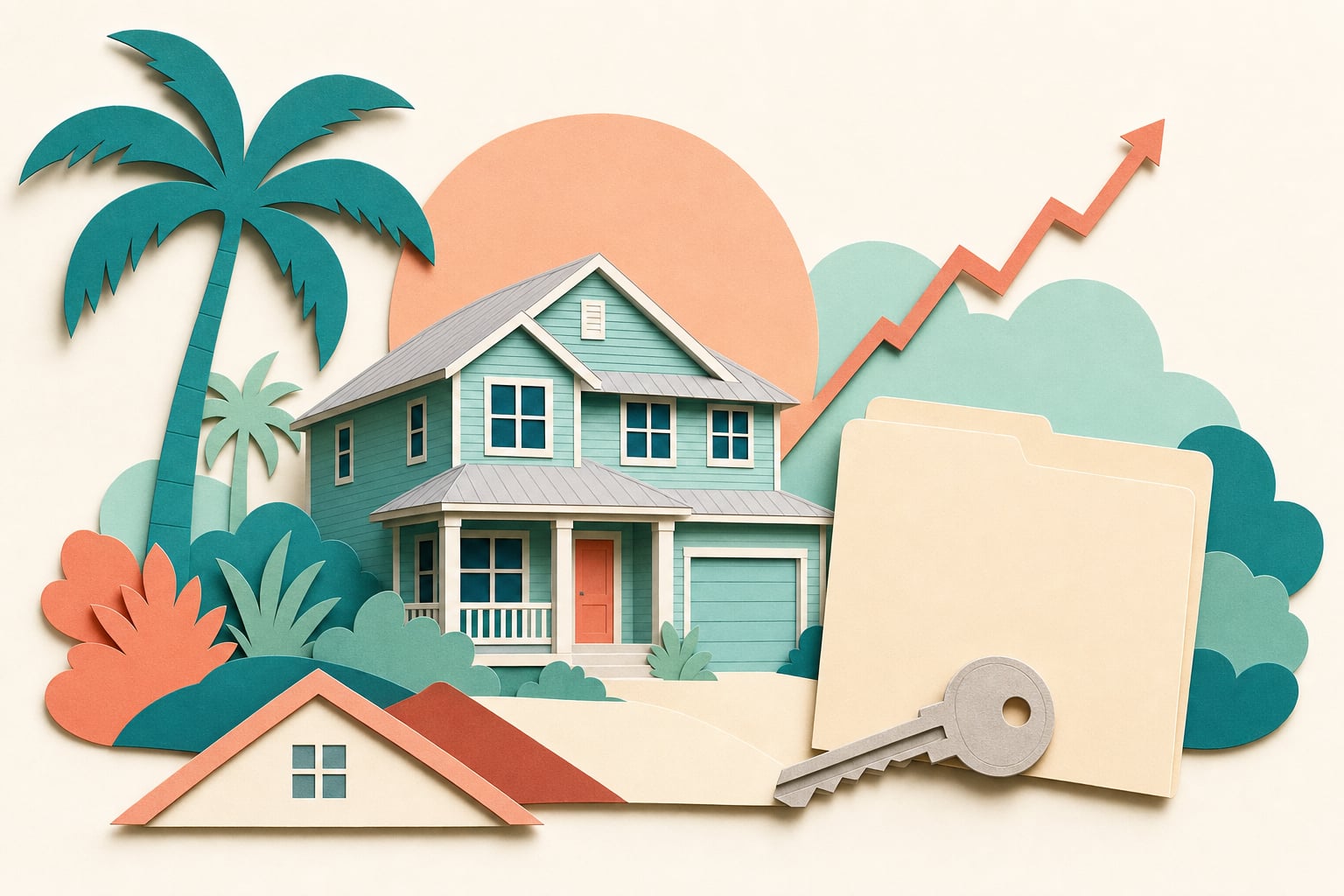 Paper-cut illustration of a Florida rental home, property folder, house key, palms, and rising rental-income line
