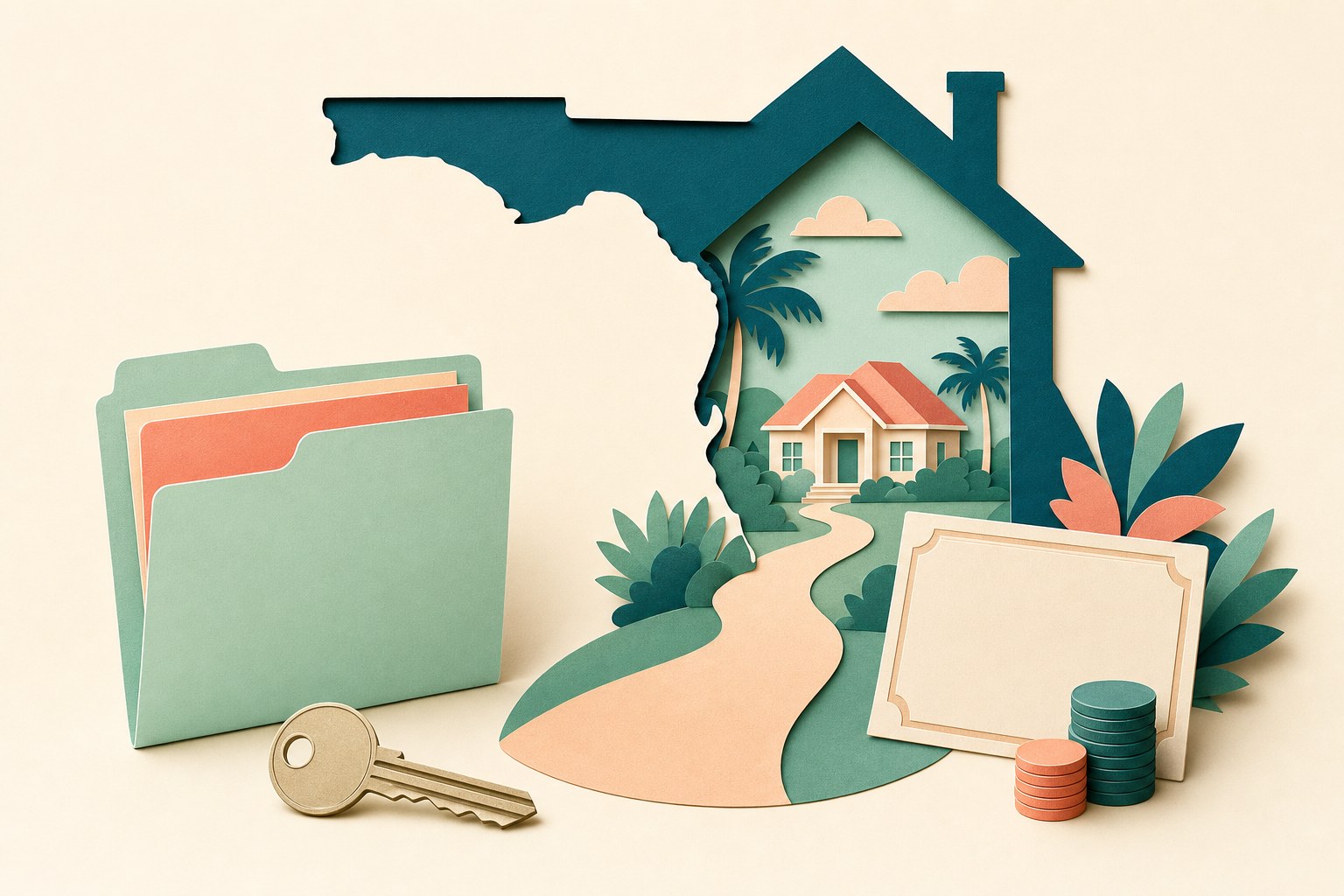 Paper-cut illustration of a Florida home, organized folder, key, certificate card, and savings coins
