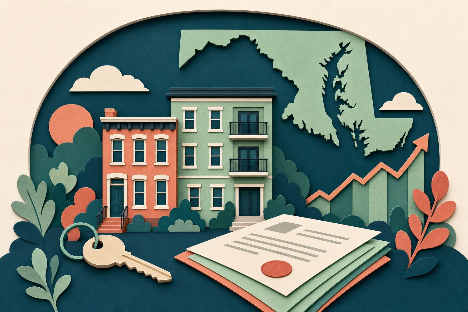 Paper-cut illustration of Maryland rental homes, property documents, a house key, and a rental-income chart