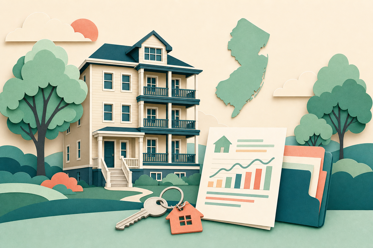 Paper-cut illustration of a New Jersey rental home, property documents, house key, and rental-income chart