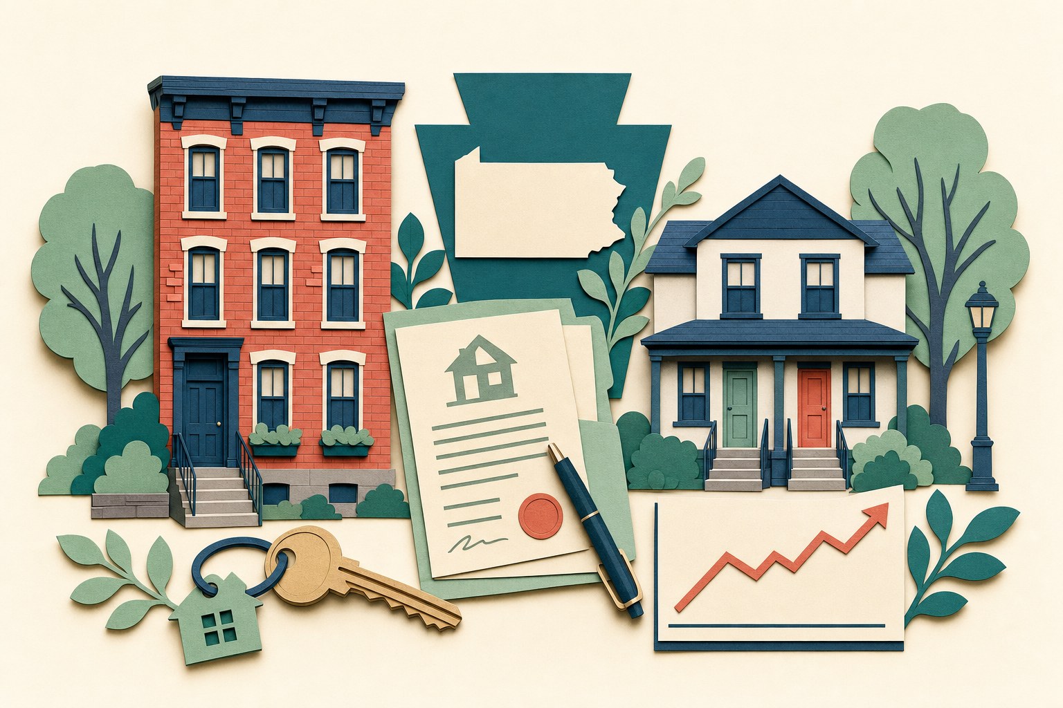 Paper-cut illustration of Pennsylvania rental homes, property documents, house key, and rental-income chart
