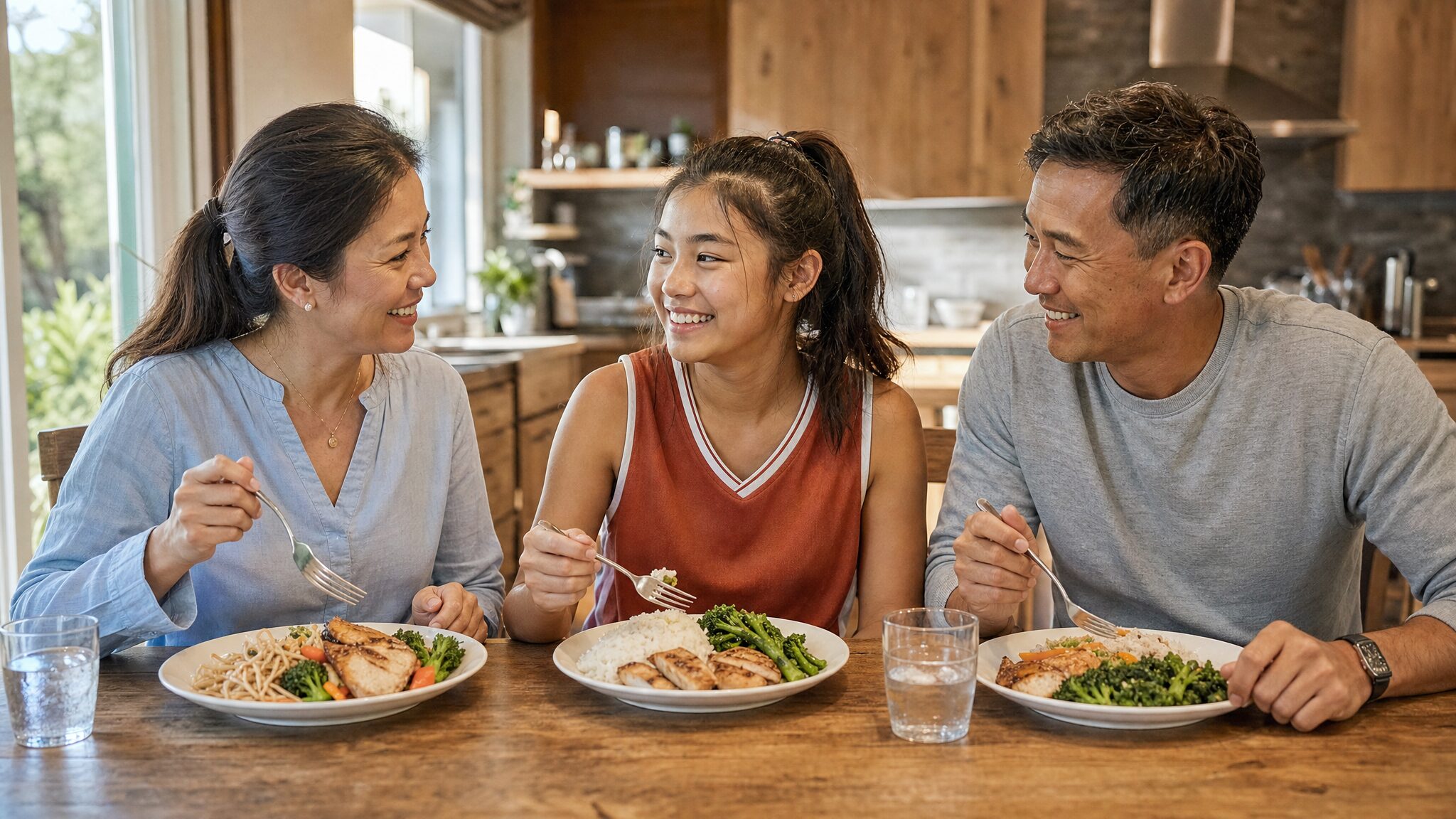 Family serving a simple dinner after youth sports practice