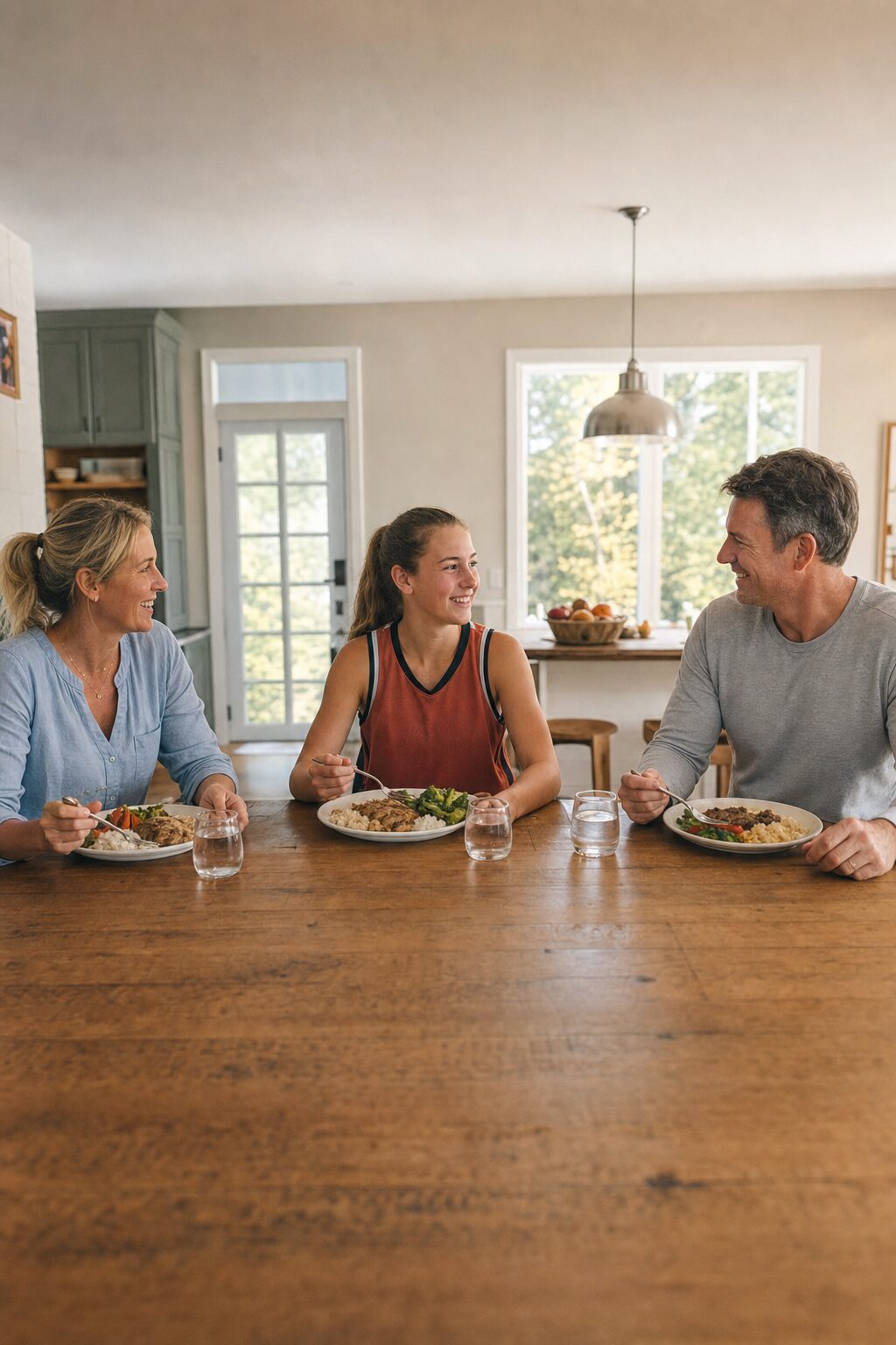 Family sharing a balanced dinner after practice