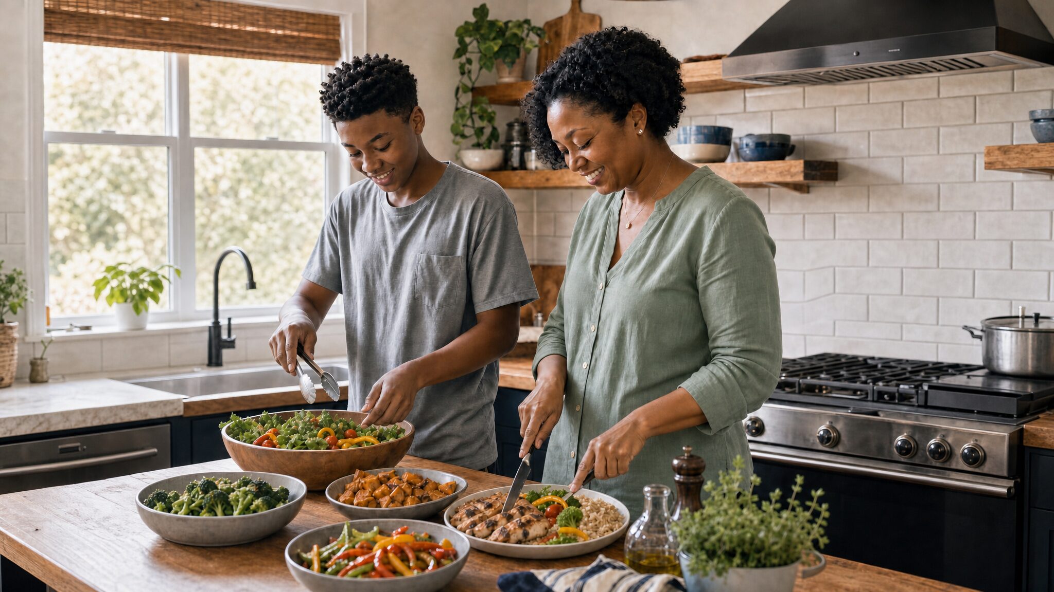 African American mother and teenage son preparing dinner together