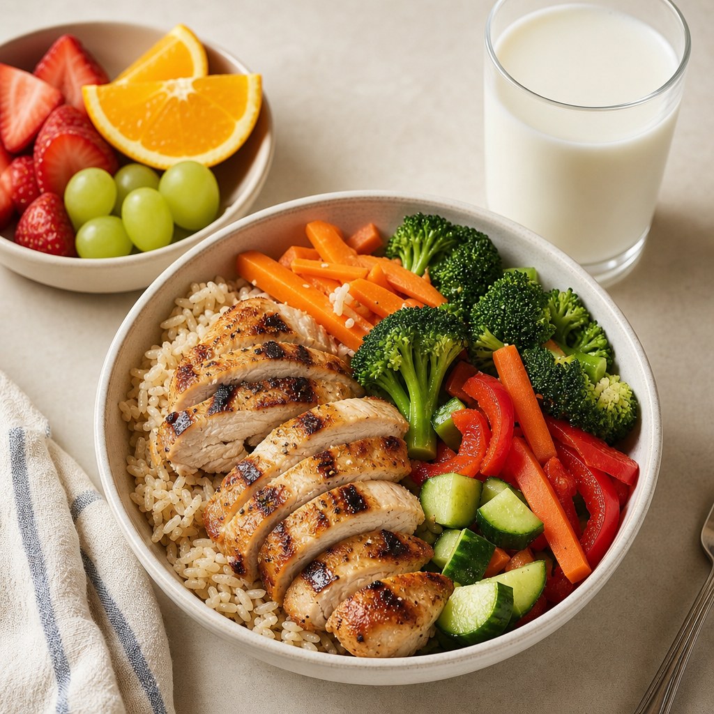 Chicken and rice bowl with vegetables, fruit, and milk