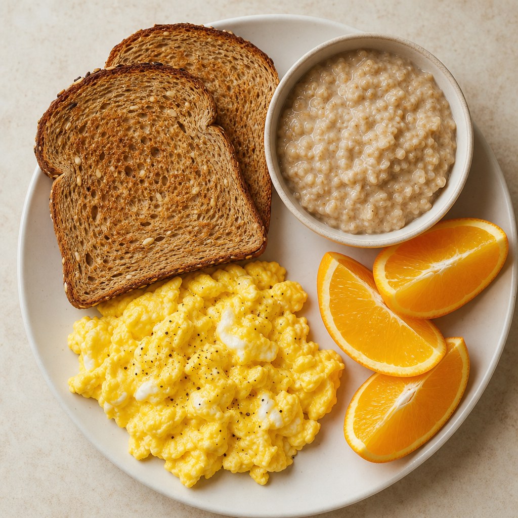 Eggs, toast, oatmeal, and orange slices before a basketball game