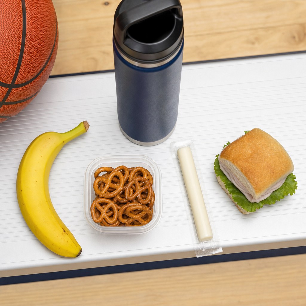 Banana, pretzels, cheese stick, sandwich, water, and a basketball