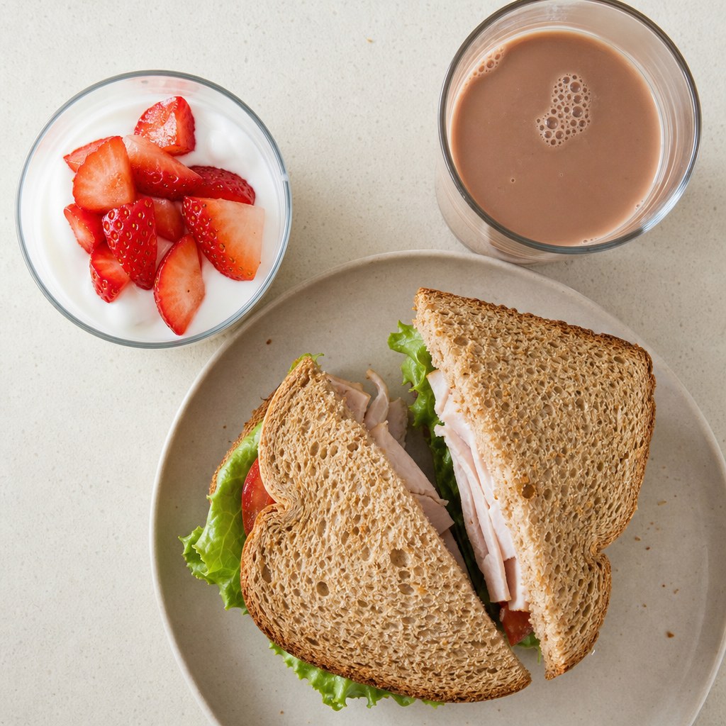 Turkey sandwich, yogurt with strawberries, and chocolate milk
