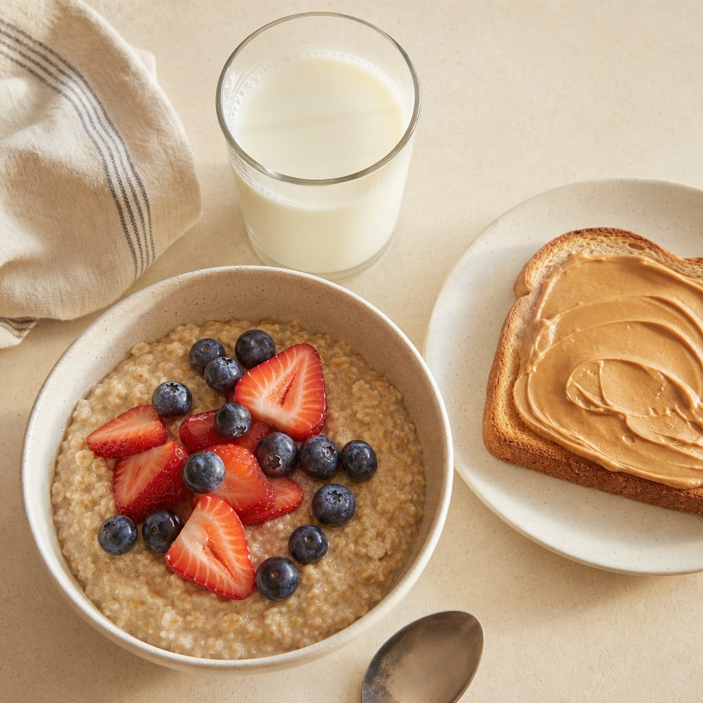 Oatmeal with berries, peanut butter toast, and milk