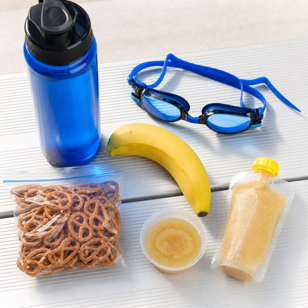 Banana, pretzels, applesauce, water, and swim goggles