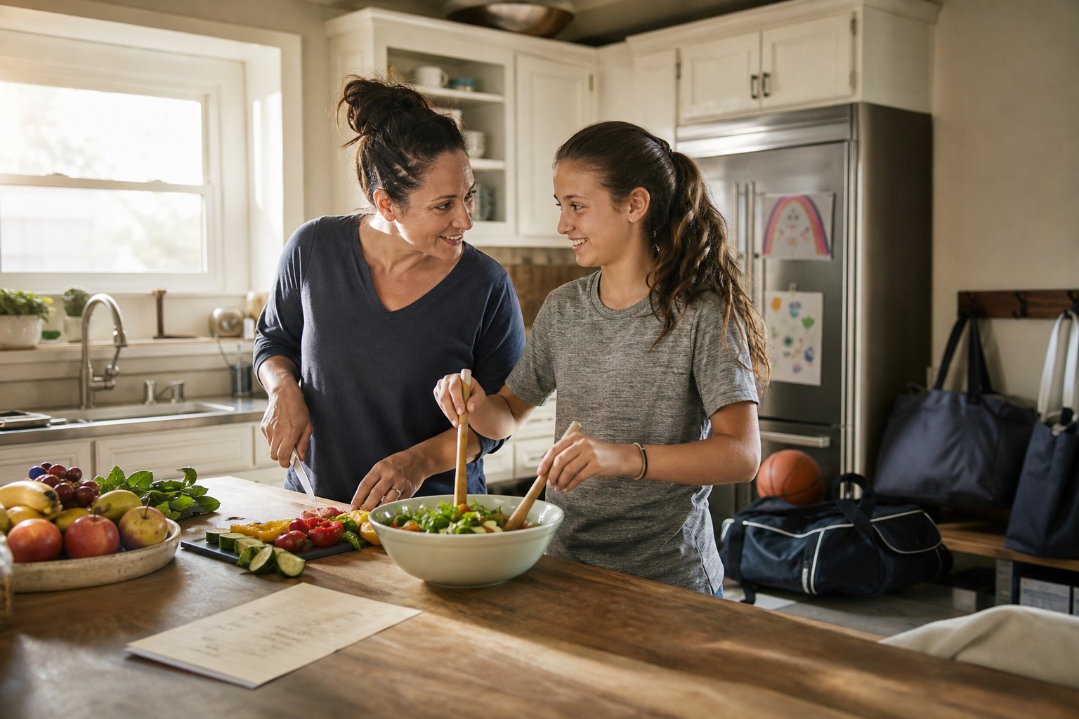 Parent and young athlete preparing a family dinner together