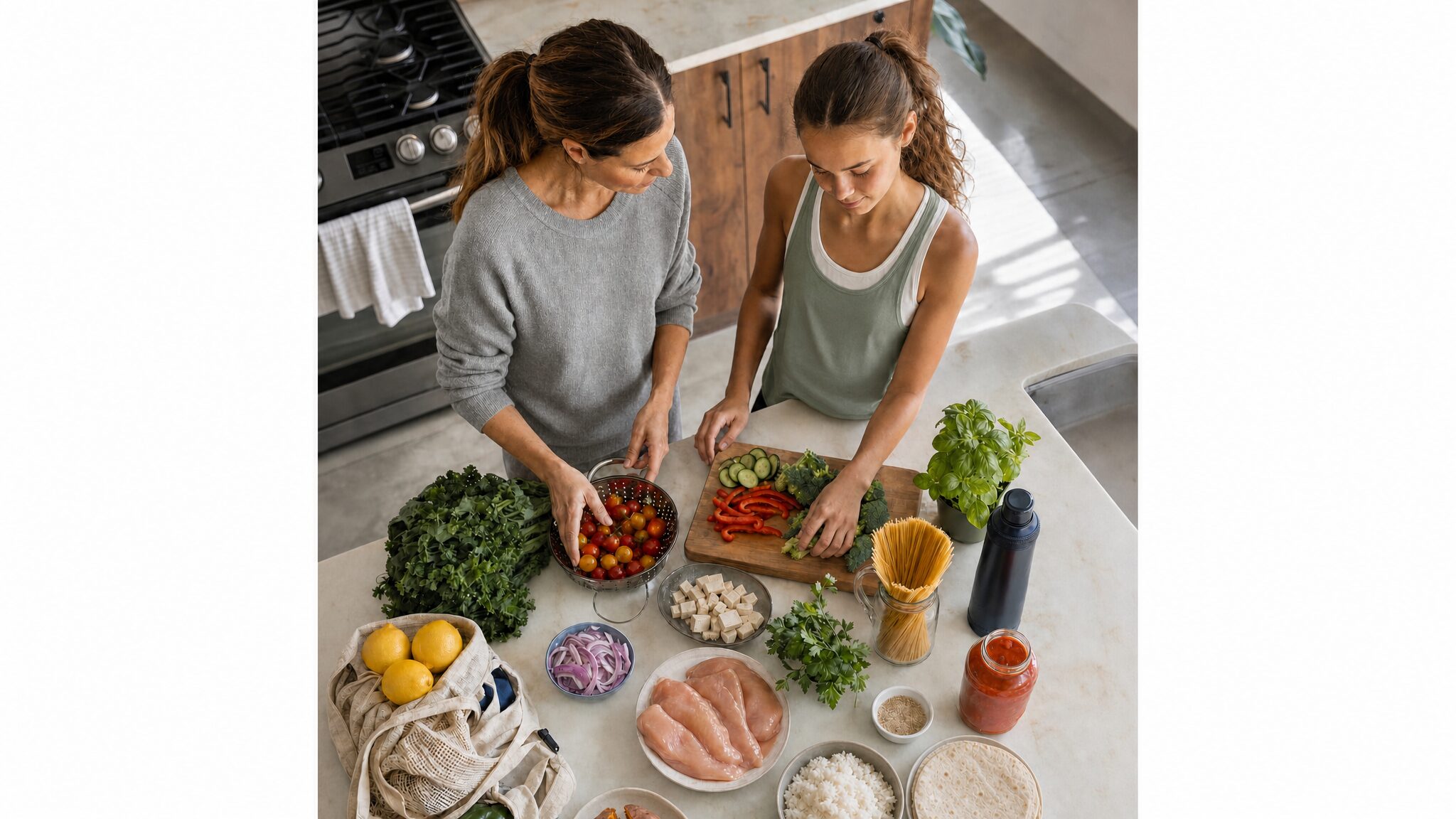 Parent and young athlete preparing a colorful family dinner