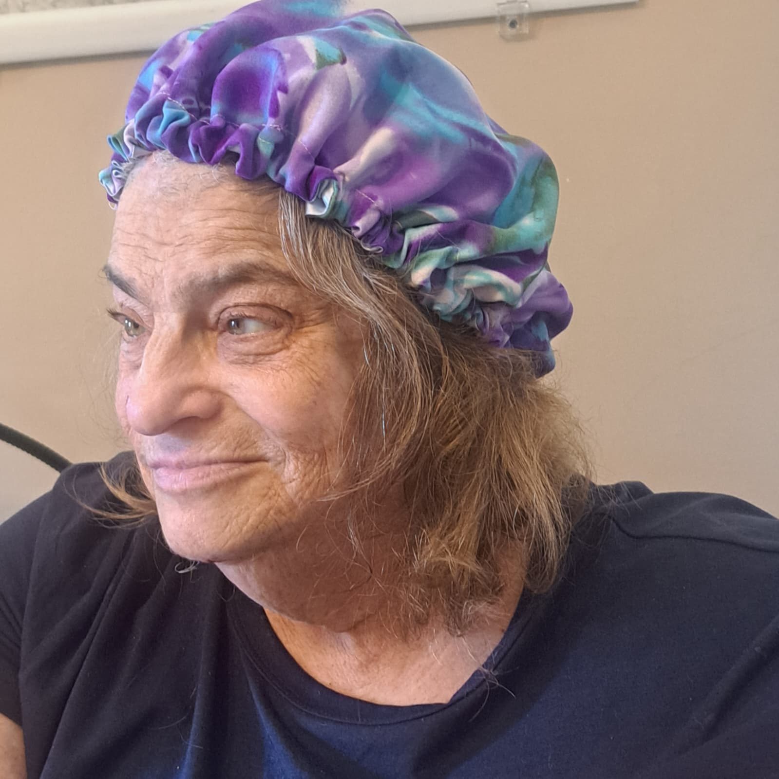 A colorful fabric bonnet at PYAJ Sewing Studio