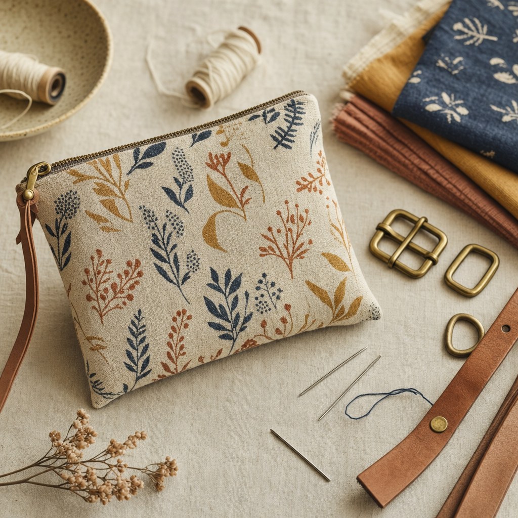 Handmade fabric pouch with sewing supplies and brass hardware