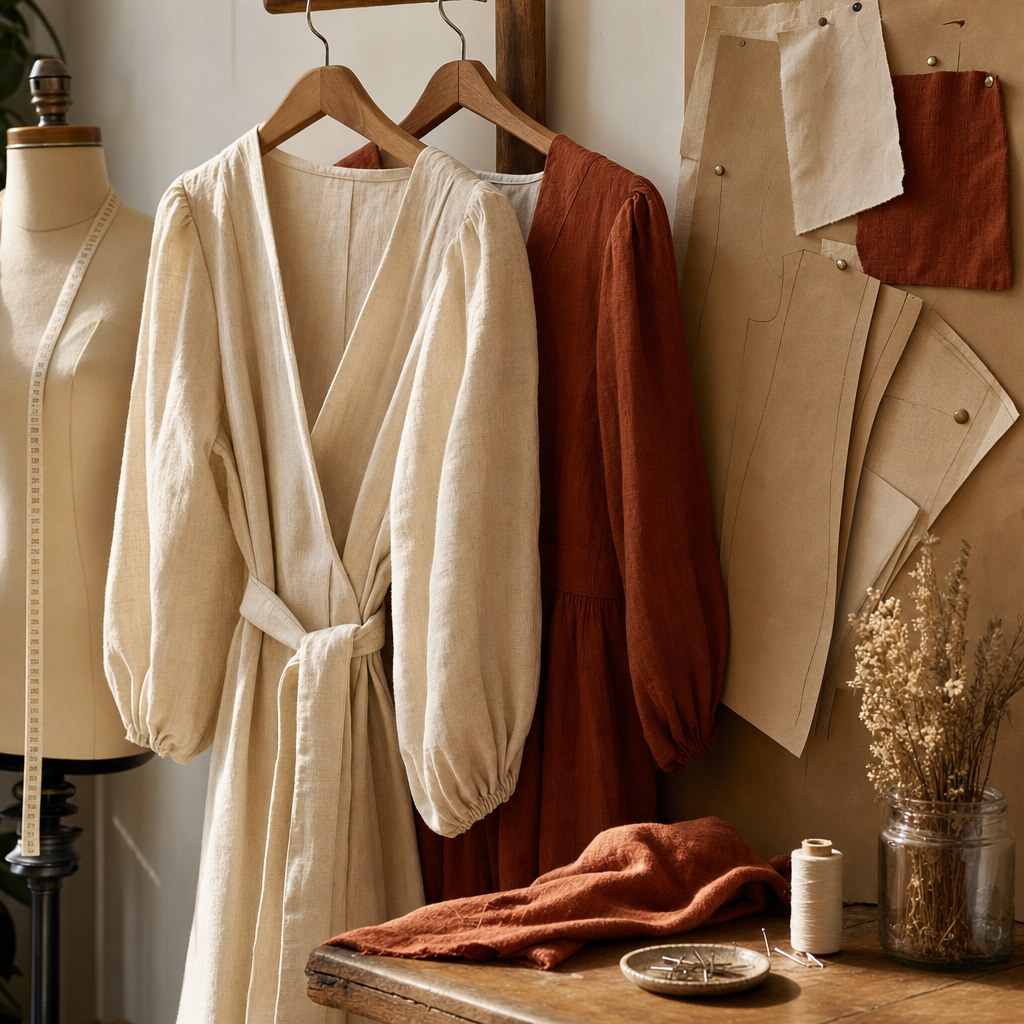 Garment pieces and a dress form in a warm sewing studio