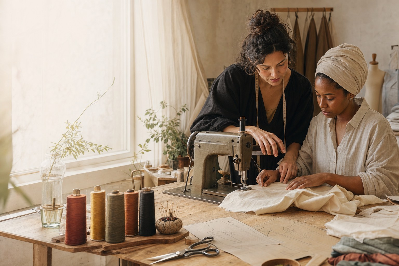 Two adults working together at a sewing machine with fabric, patterns, thread, and shears