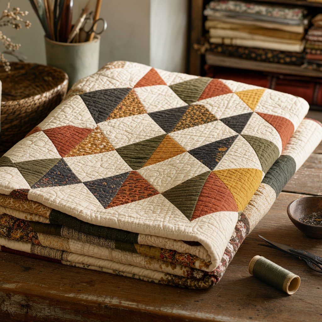 Detailed handmade patchwork quilt in warm neutral colors