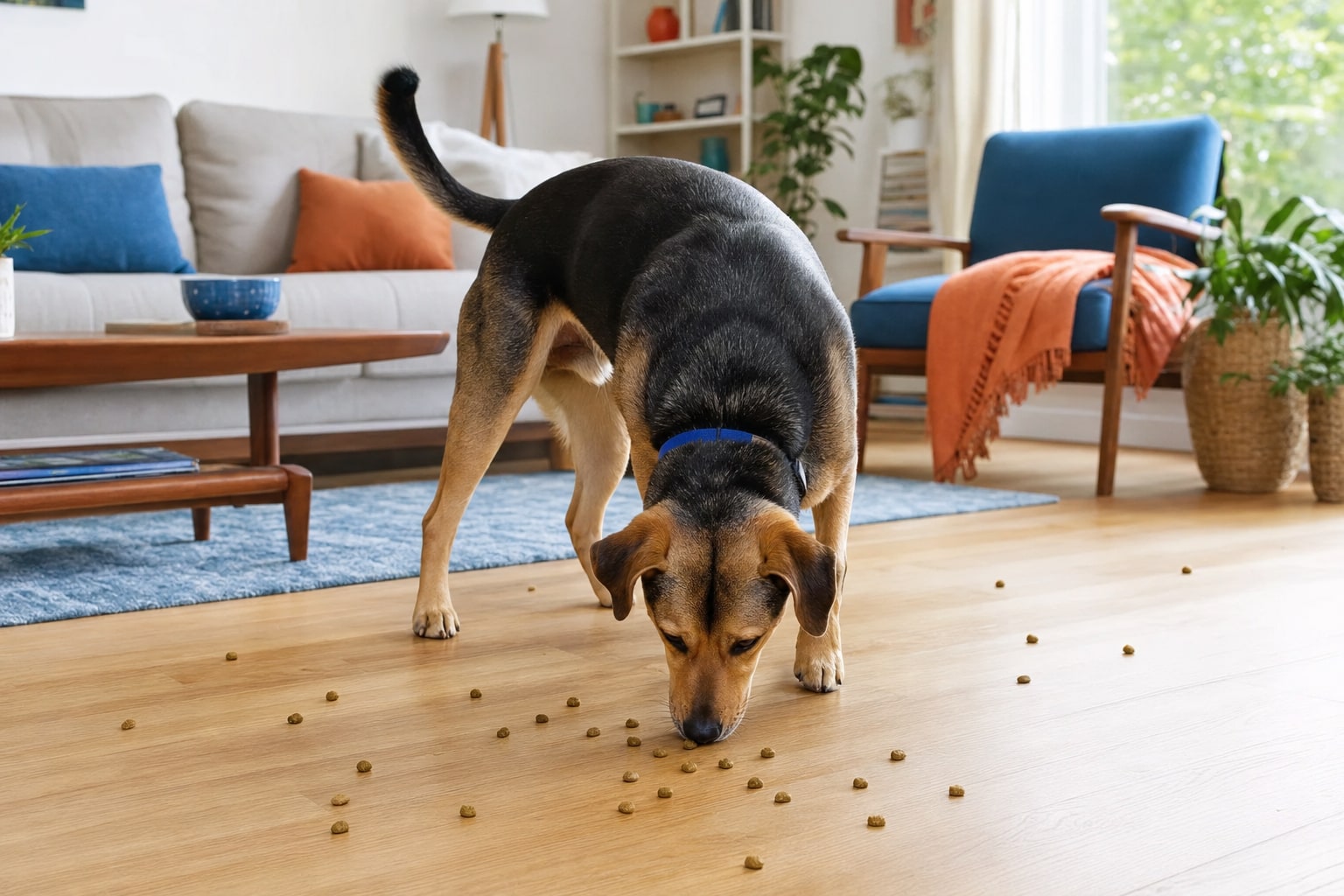 A dog sniffing for scattered kibble on a living-room floor