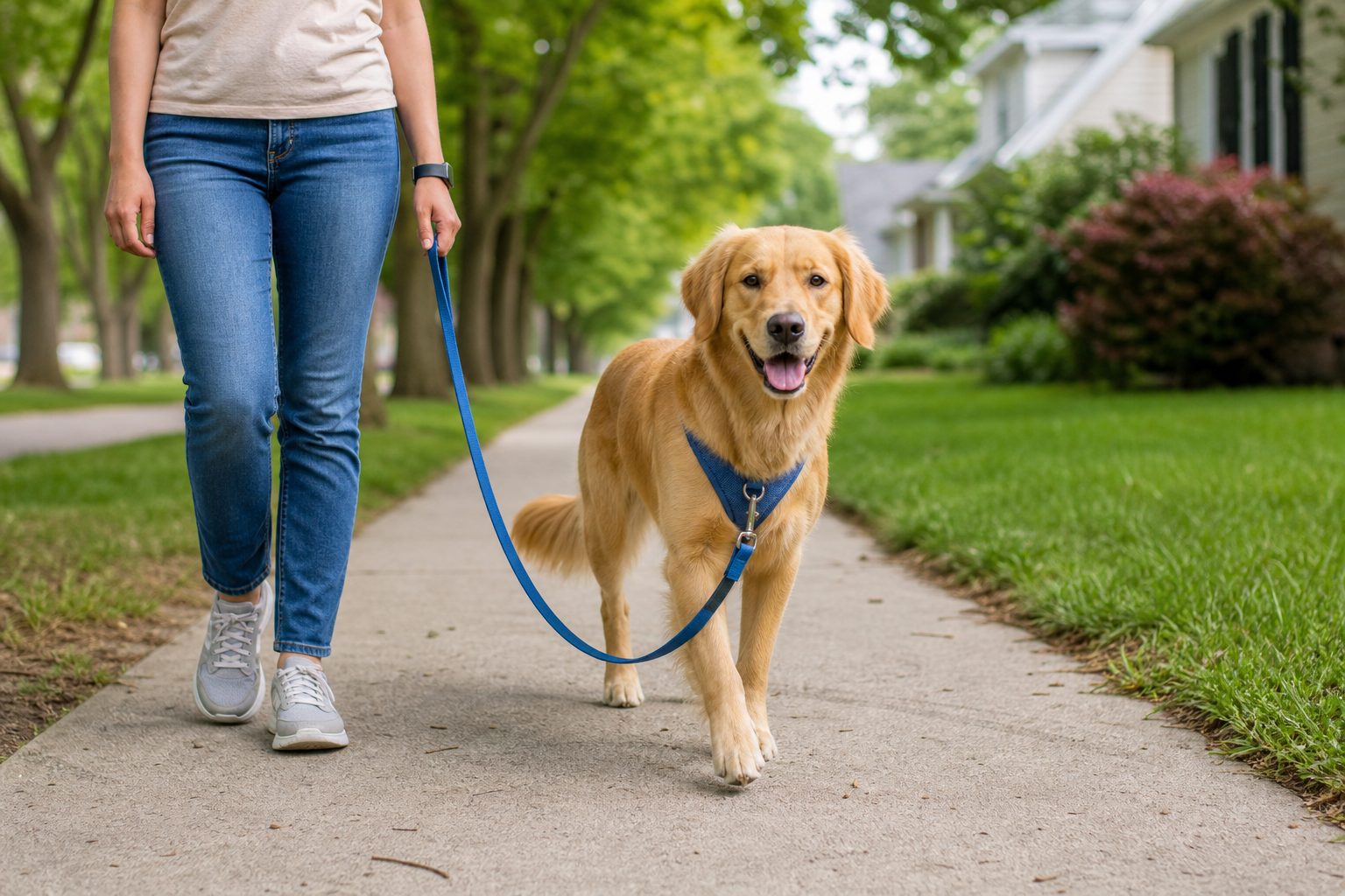A golden dog walking beside a person with a slack blue leash