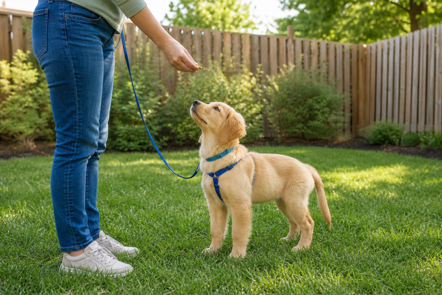 A puppy on grass looking at a reward during a supervised outdoor outing