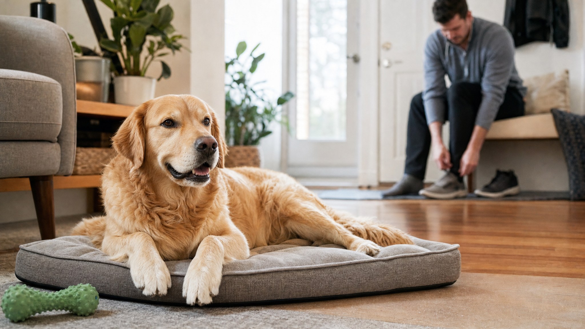 A relaxed golden retriever resting on a dog bed while its person gets ready to leave