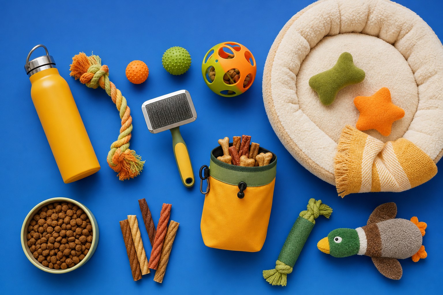 Colorful pet care supplies arranged together