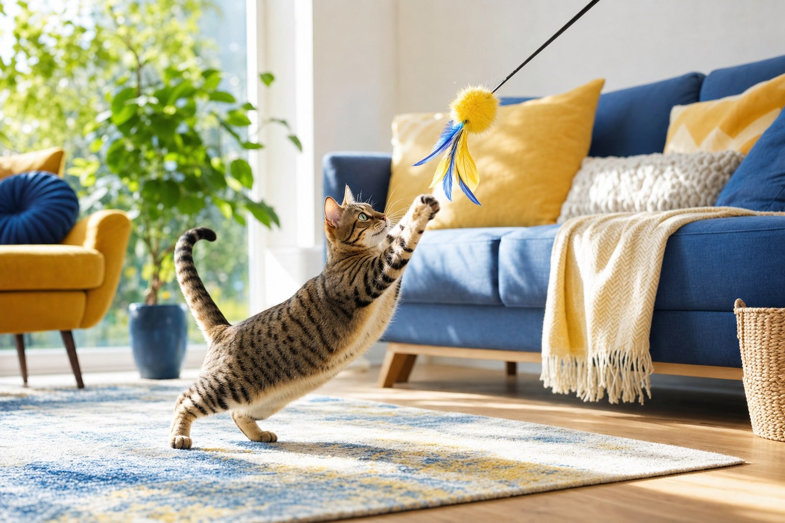 A cat enjoying a colorful play space