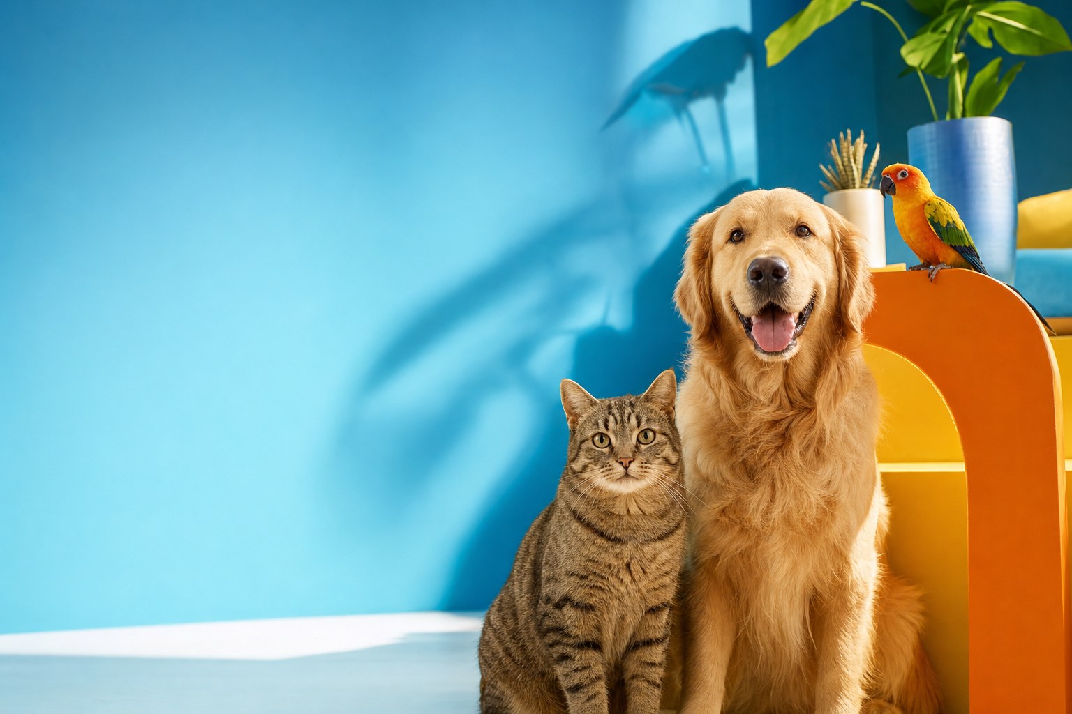 A golden retriever and tabby cat in a bright modern home