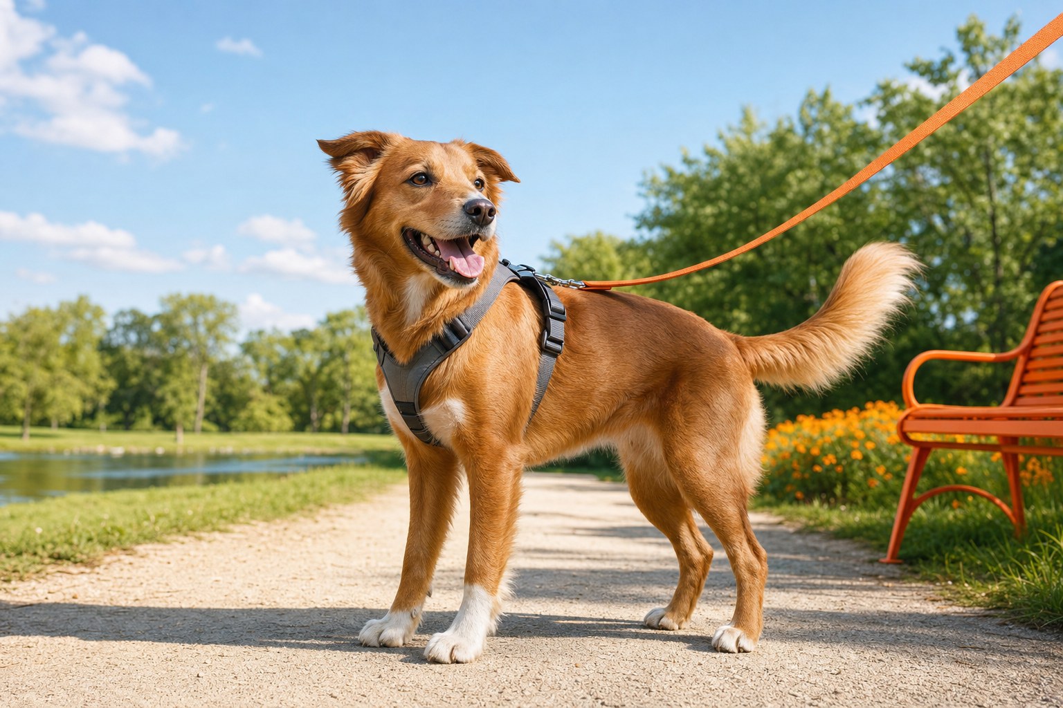 A dog walking outdoors with its person