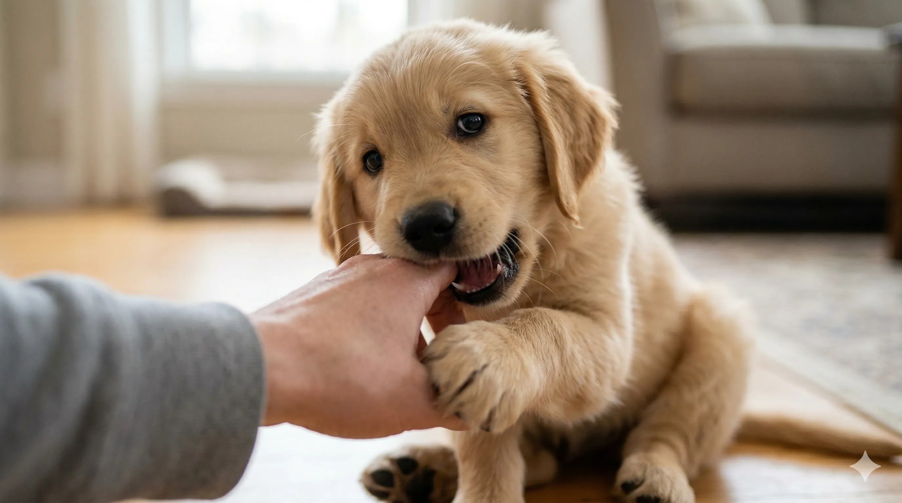 Golden Retriever Puppy showing behavior related to how to train a puppy not to bite