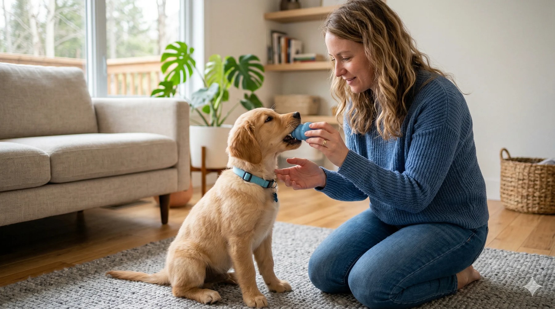 owner helping Golden Retriever Puppy with how to train a puppy not to bite