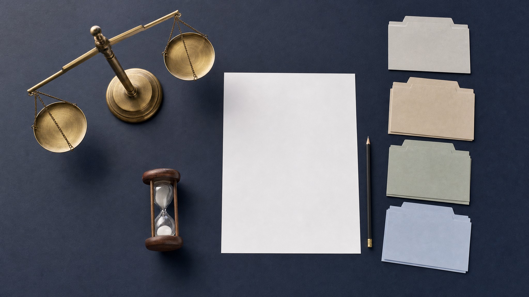 Blank review sheet, balance scale, hourglass, and file tabs on a navy desk