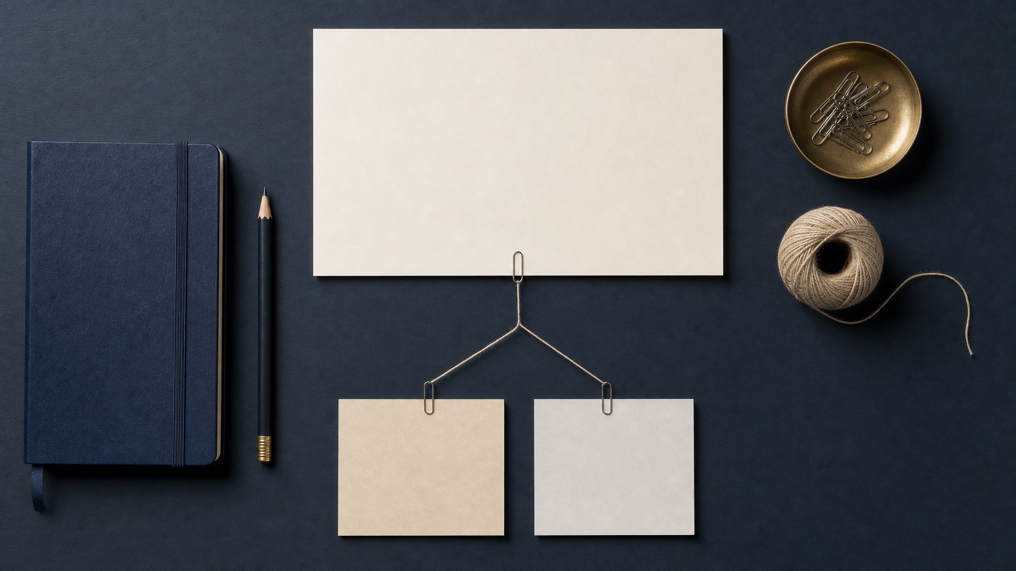 Blank cards arranged in a hierarchy on a navy desk