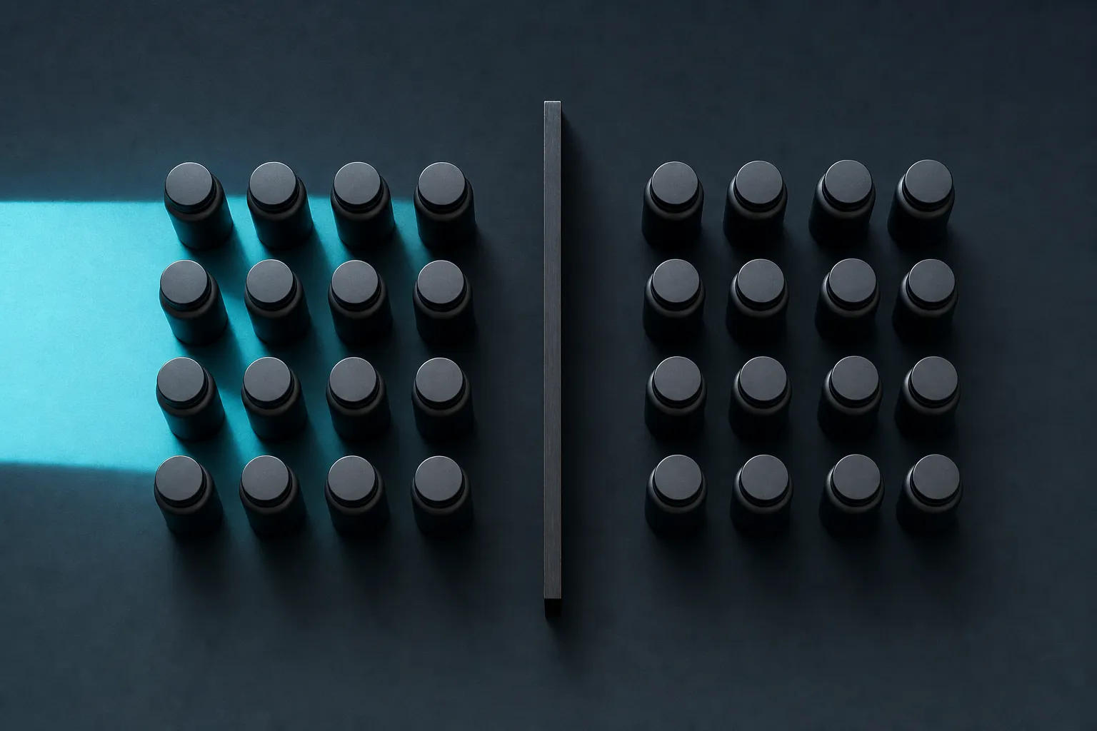 Two equal groups of black markers divided by a physical barrier, with light falling on one group