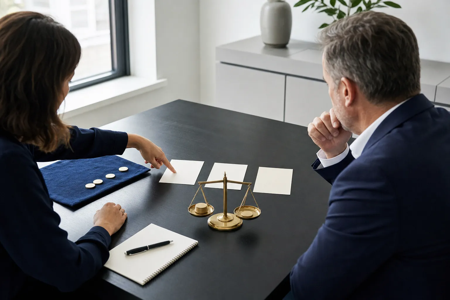 Two business leaders reviewing blank decision cards beside a small balance scale