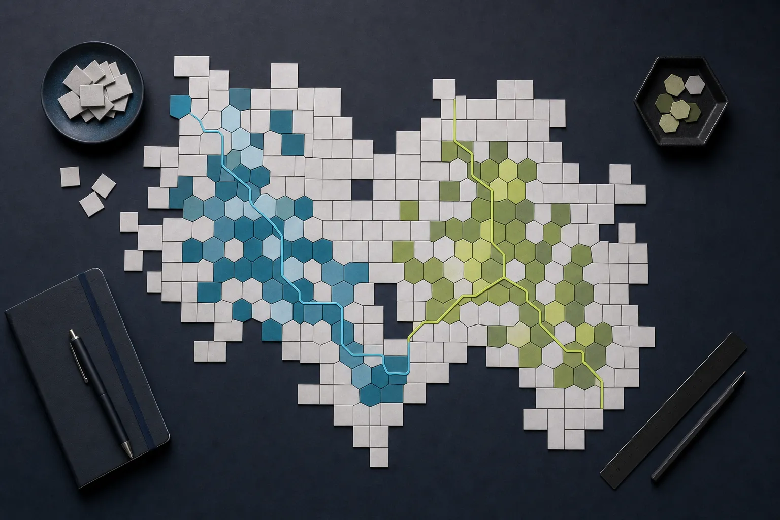 Abstract tile map with two distinct coloured market groups and routes